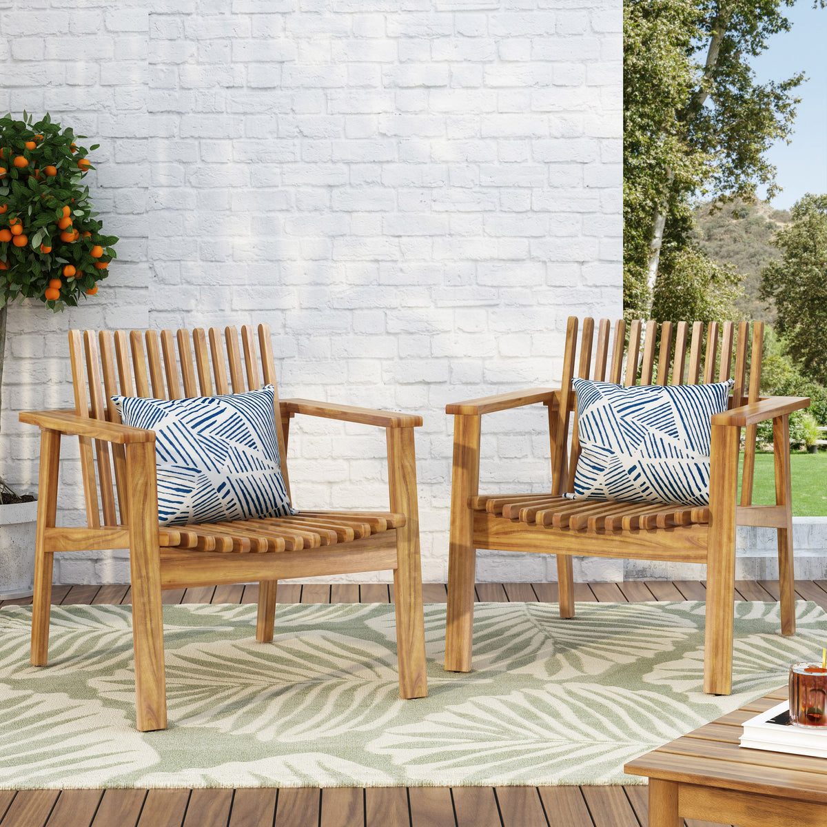 Outdoor Acacia Wood Slatted Club Chairs, Set of 2
