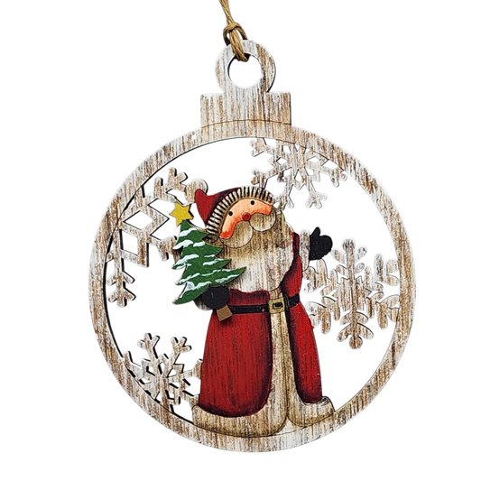 Wooden Ornament - Cheerful Santa with Christmas Tree
