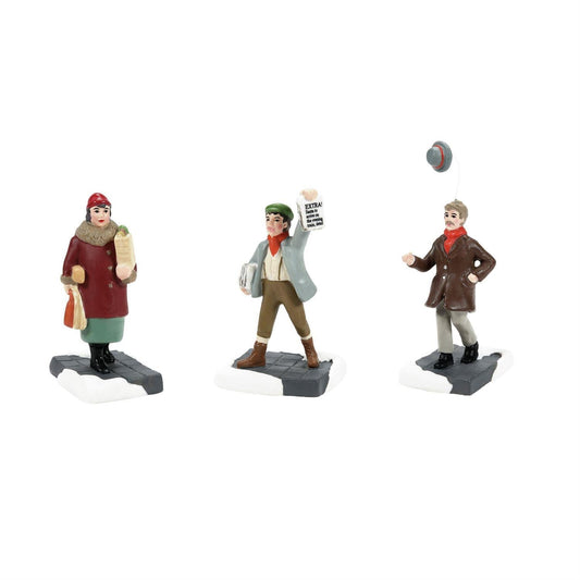 Friends And Neighbors - 3 Piece Set featuring village figures in winter attire, each approximately 2.4 inches tall.
