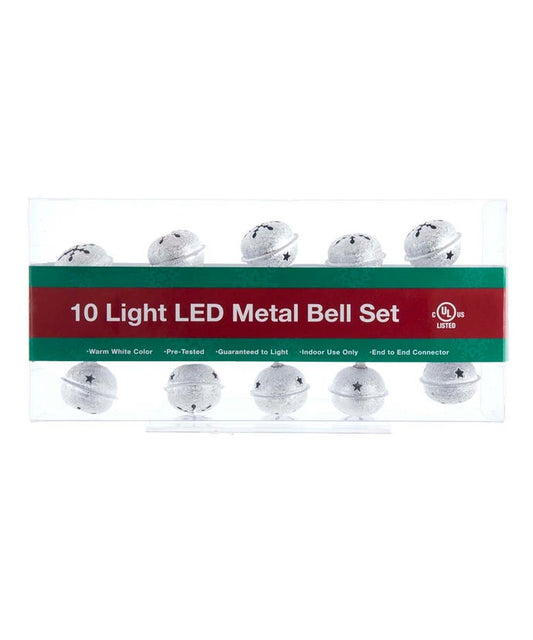 10-Light Silver Bell With Warm White LED Light Set