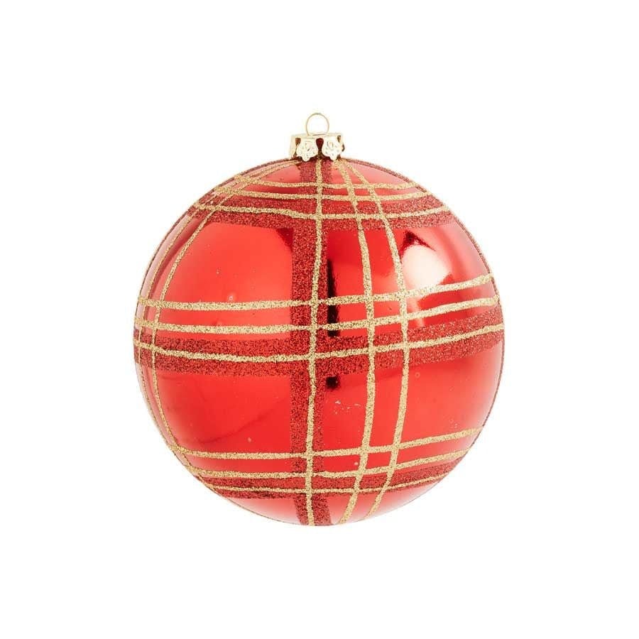 4 inch Red Shatterproof Ornament with Gold Plaid
