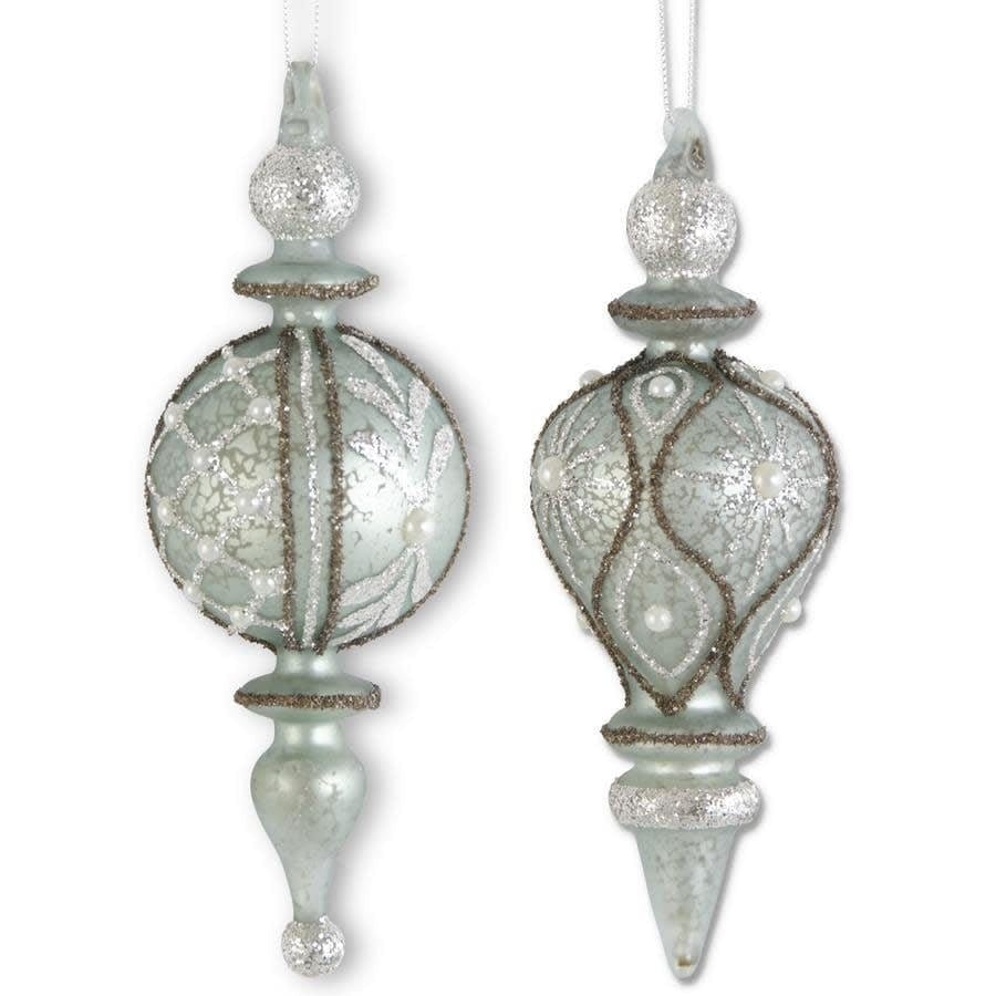 ASSORTED GLITTERED LIGHT BLUE MERCURY GLASS FINIAL ORNAMENTS W/PEARLS - Final Sale