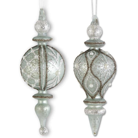 ASSORTED GLITTERED LIGHT BLUE MERCURY GLASS FINIAL ORNAMENTS W/PEARLS - Final Sale