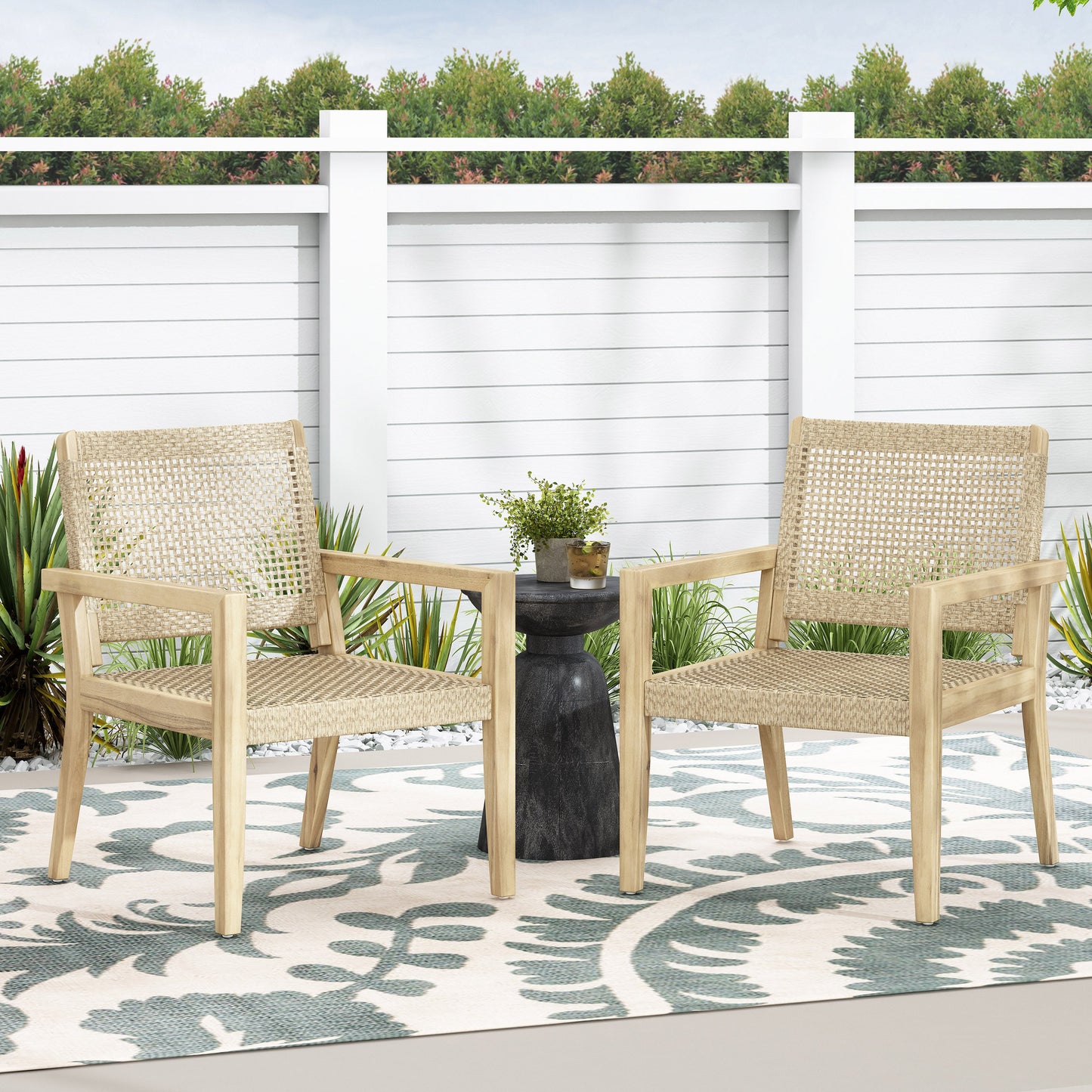 Outdoor Wicker and Acacia Wood Club Chairs, Set of 2