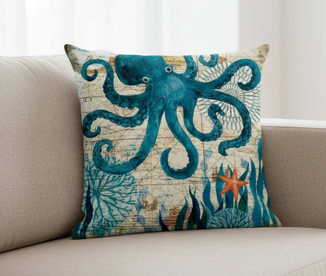 Blue Wind Sea Life Linen Pillowcase 18x18in