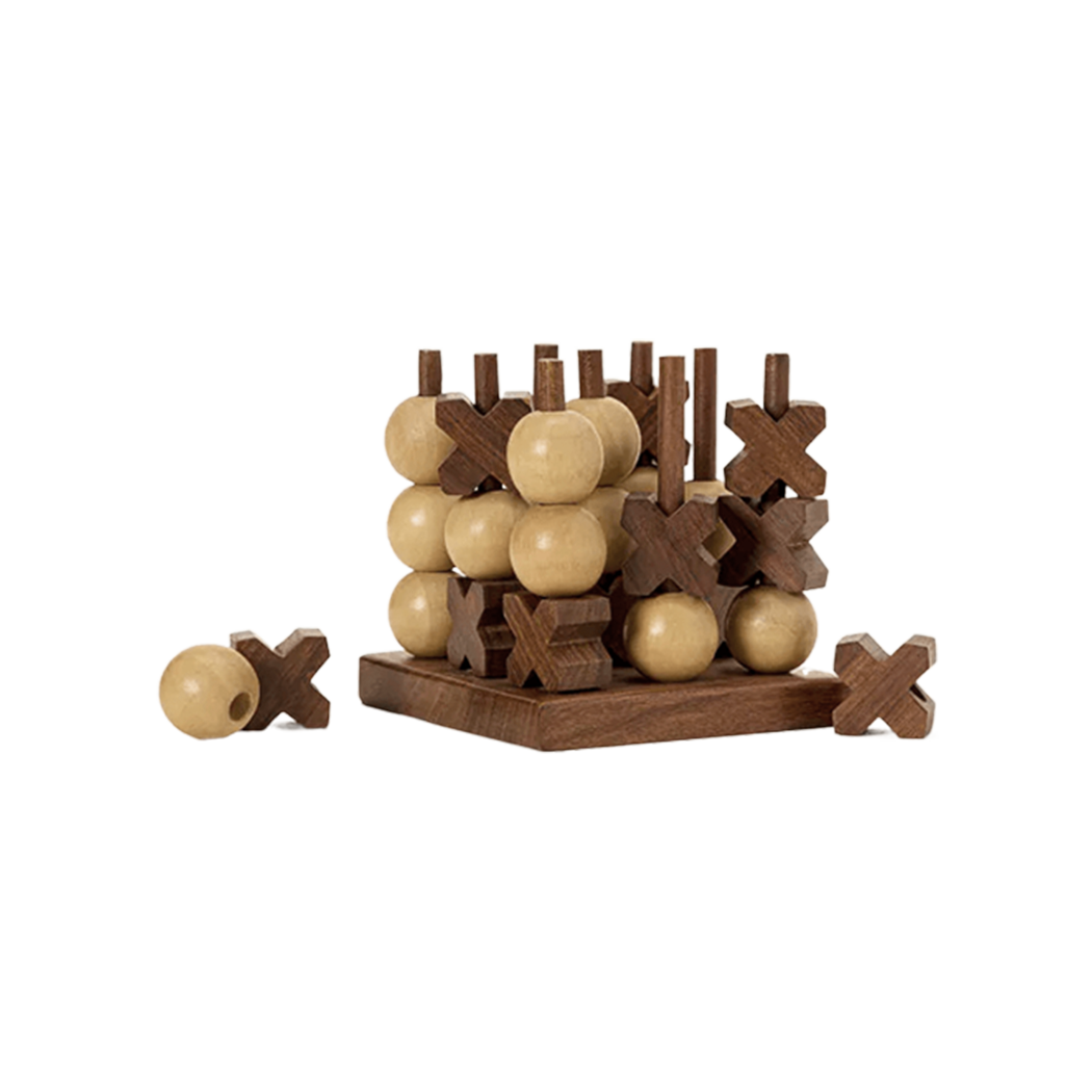 Kanan 3D Tic Tac Toe game featuring stackable wooden X's and O's in a 3D design, crafted from Indian rosewood.