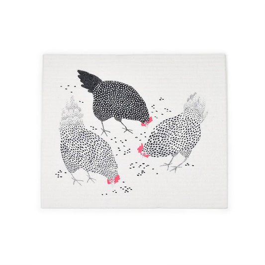 Illustration of three black and white chickens on a white background