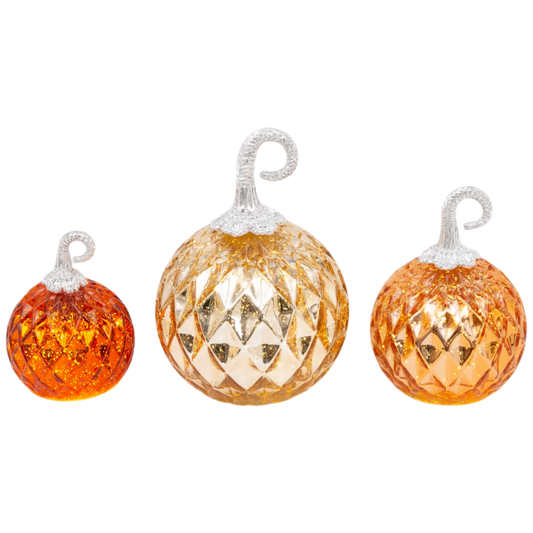 Lighted Handblown Mercury Glass Pumpkins - 3 Piece Set