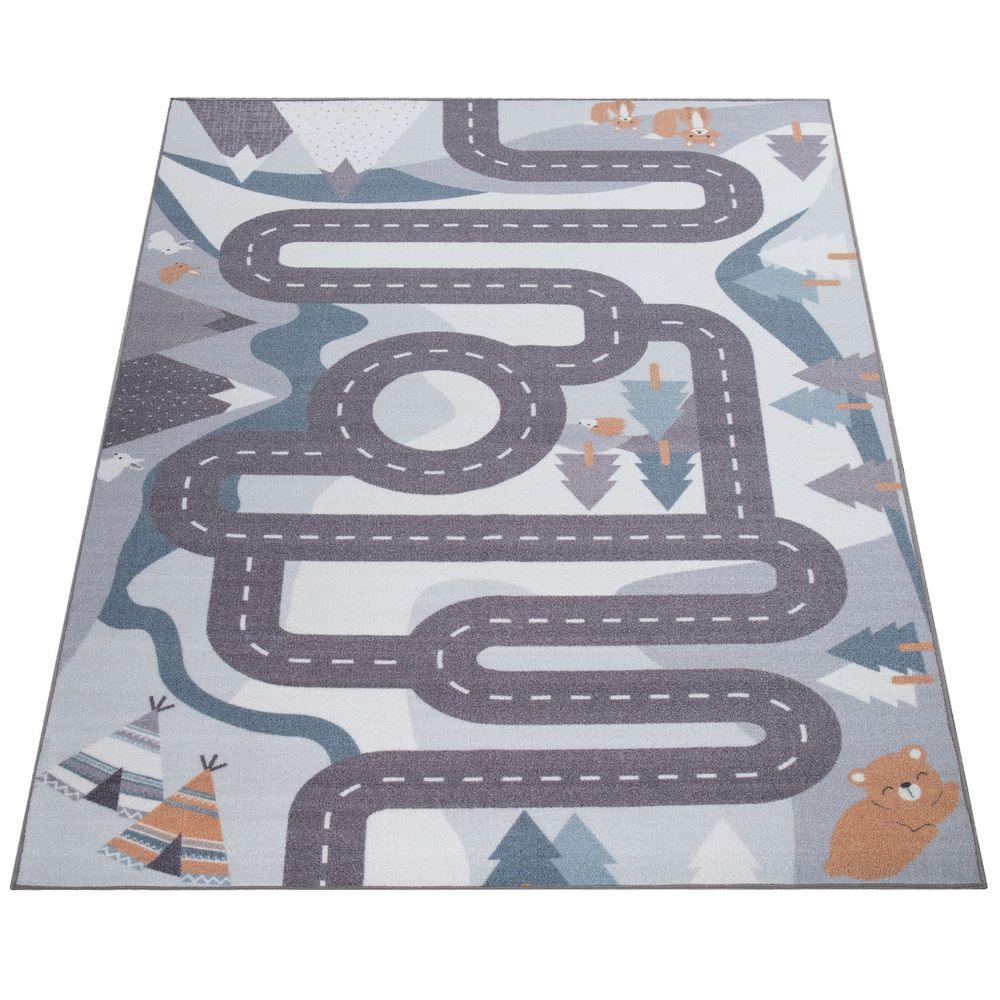 Kids Play Rug For Nursery Road With Forest Animals grey blue