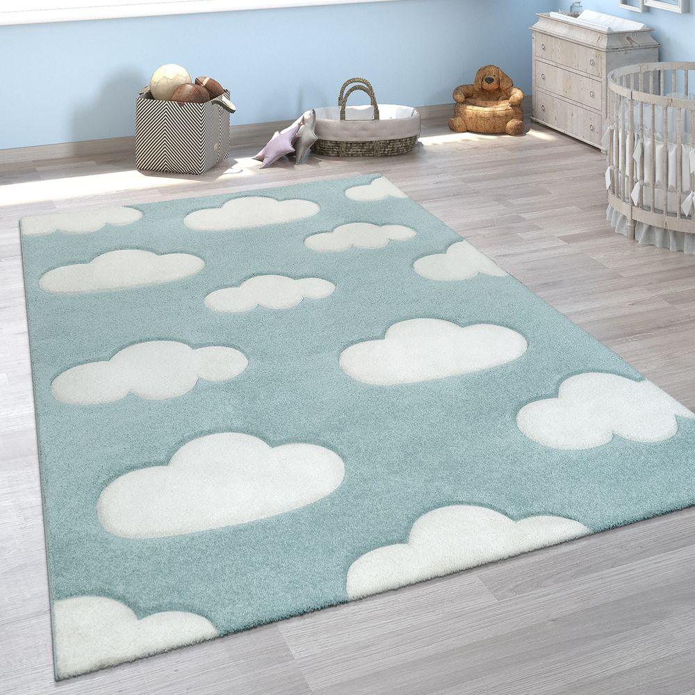 Kids Room Rug Cosmo with Clouds in Pastel Blue White