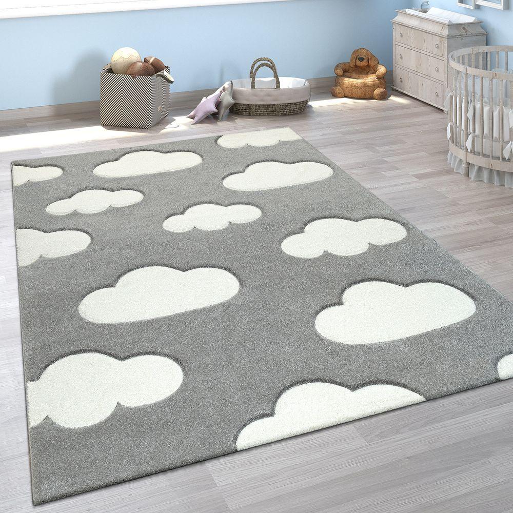Kids Room Rug Cosmo with Clouds in Pastel Grey White