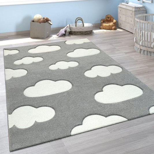 Kids Room Rug Cosmo with Clouds in Pastel Grey White