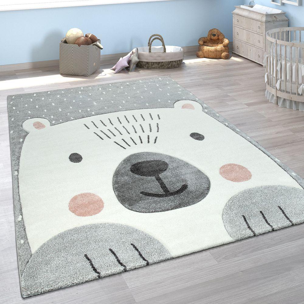 Kids Room Rug Cute Snow Bear 3D In Grey White