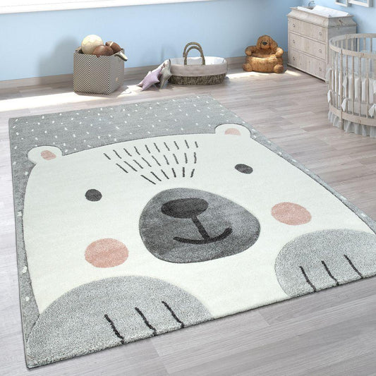 Kids Room Rug Cute Snow Bear 3D In Grey White