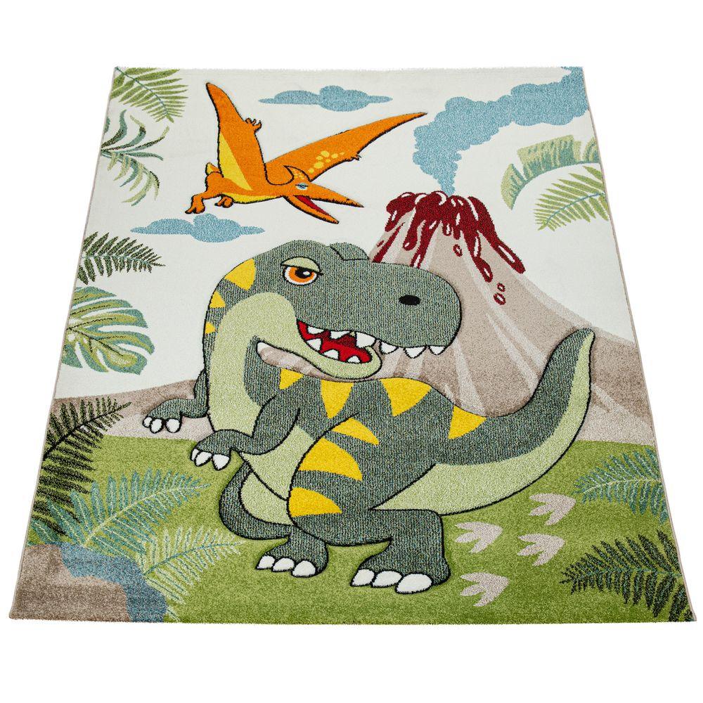 Kids Room Rug Dinosaur Jungle Volcano 3D in Green