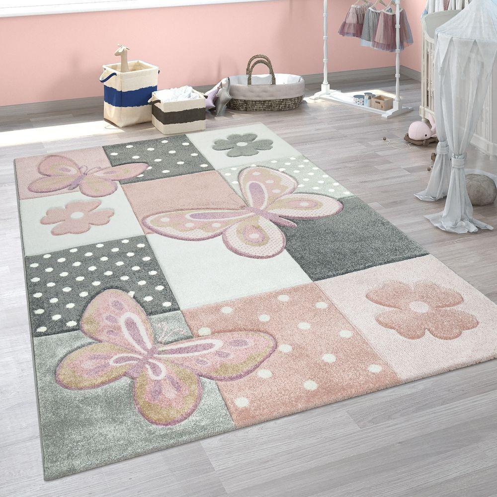 Kids Room Rug Pink Butterflies and Check Pattern