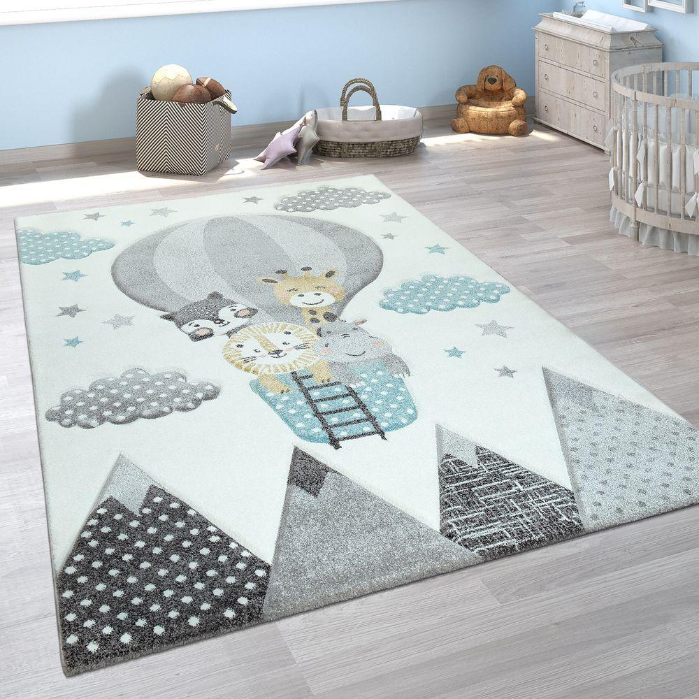 Kids Rug Hot Air Balloon Animals Clouds in Pastel Cream