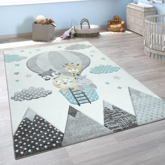Kids Rug Hot Air Balloon Animals Clouds in Pastel Cream
