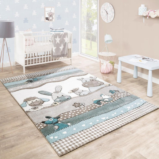 Kids Rug Nursery Contour Cut Farm Animals Beige Cream Pastel