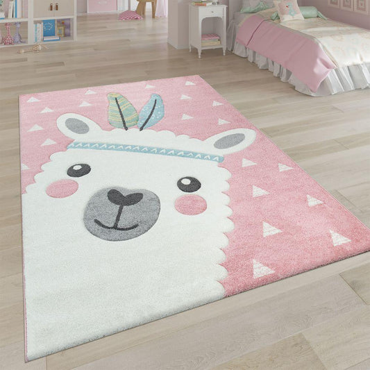 Kids Rug Nursery Cute Alpaca 3D Pink White Pastel
