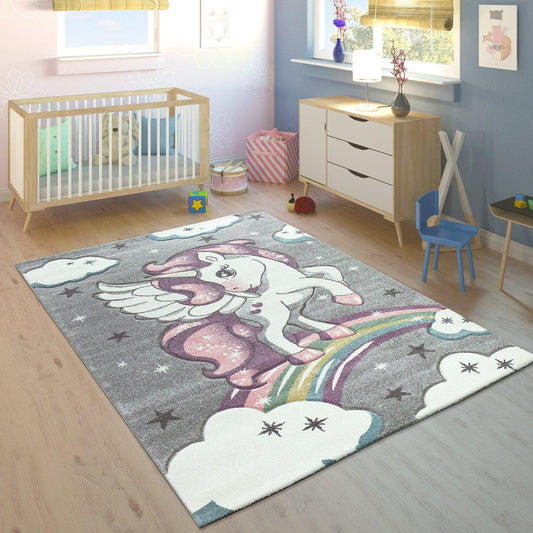 Kids Rug Rainbow Unicorn Colourful Grey