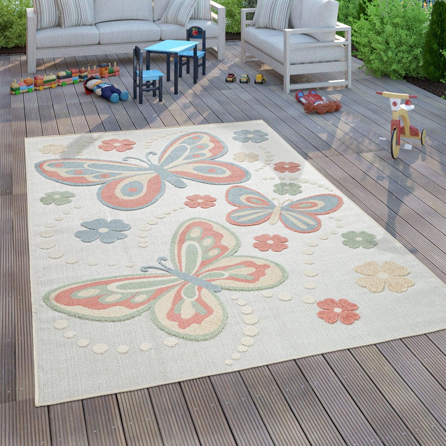 Kids Rug Tweet Colorful Playmat with Butterflies - Beige Cream