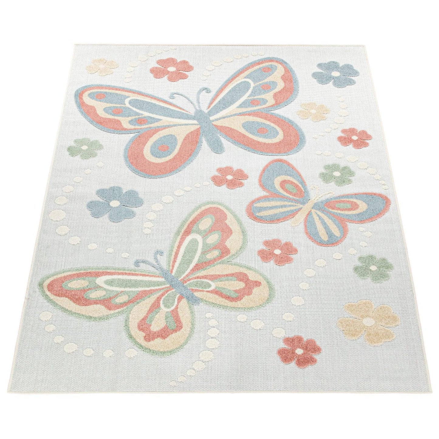 Kids Rug Tweet Colorful Playmat with Butterflies - Beige Cream