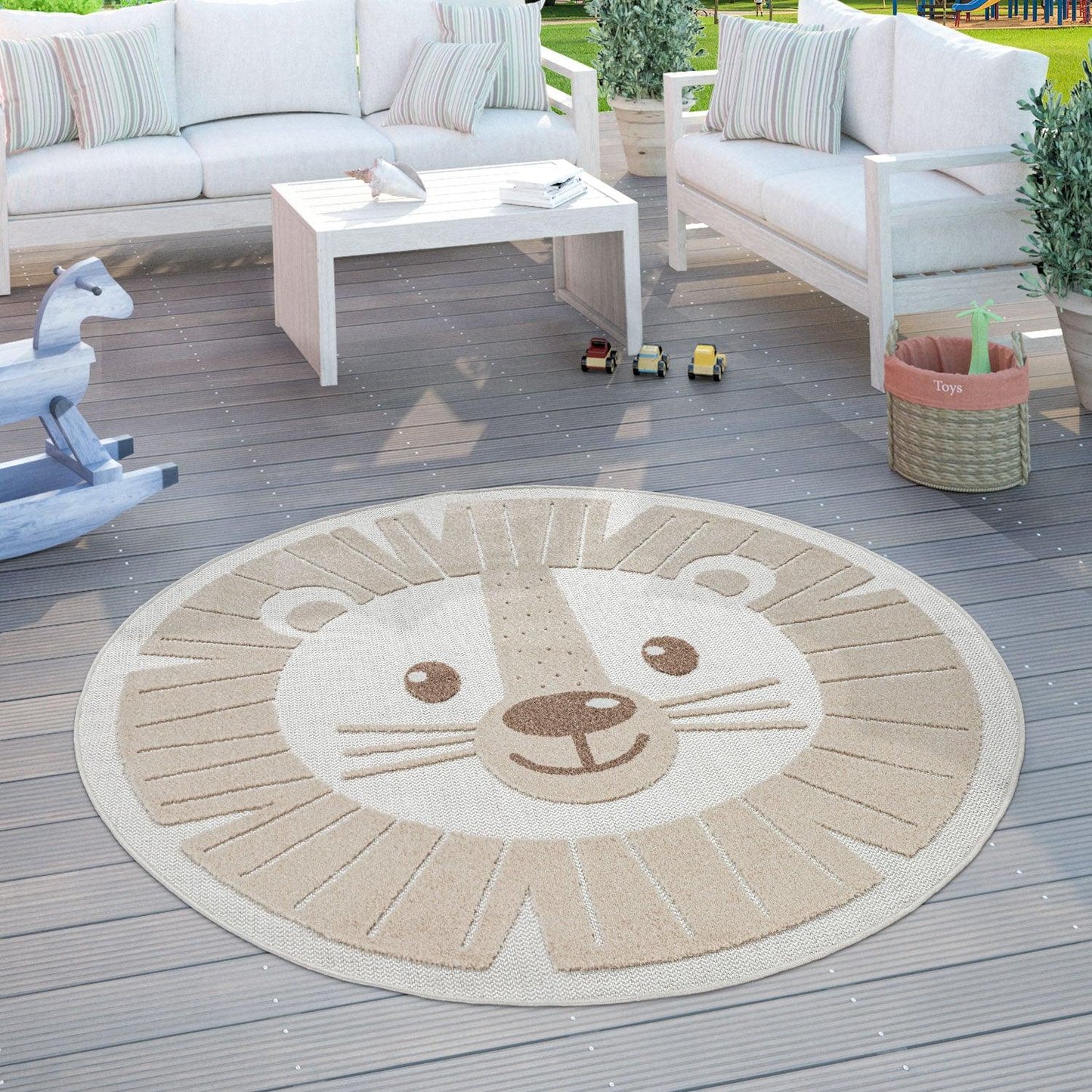 Kids Rug Tweet Happy Lion Play-Mat Round in Beige