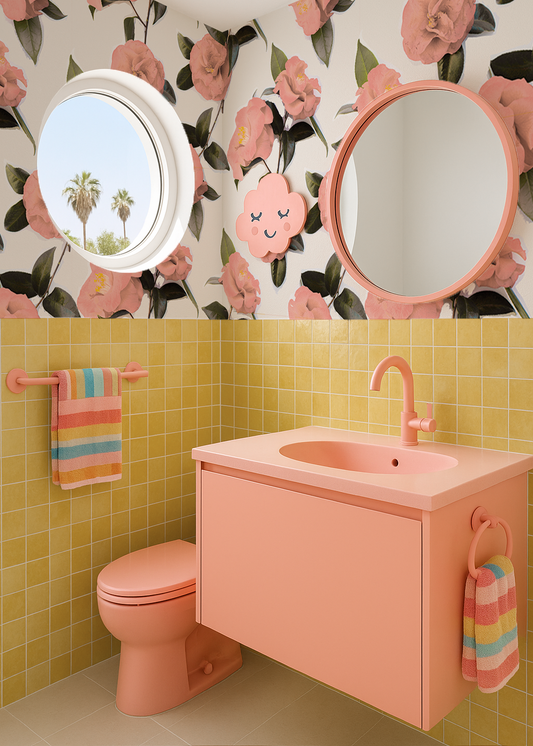 Camellia Wallpaper, white and coral