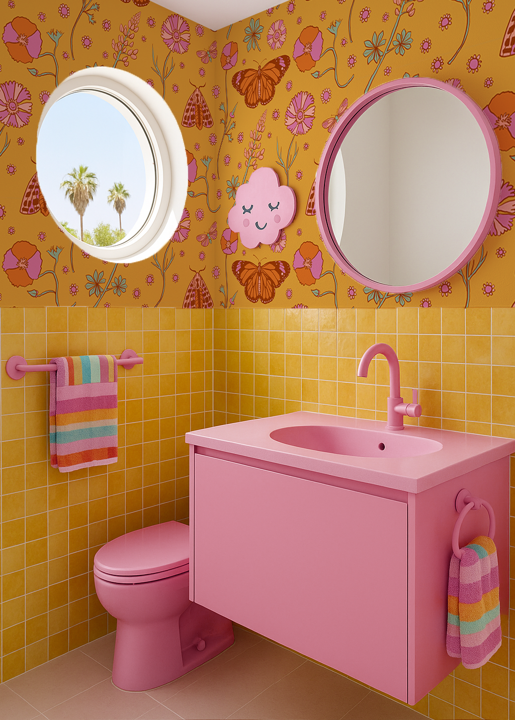 Poppy Please Wallpaper, mustard and pink
