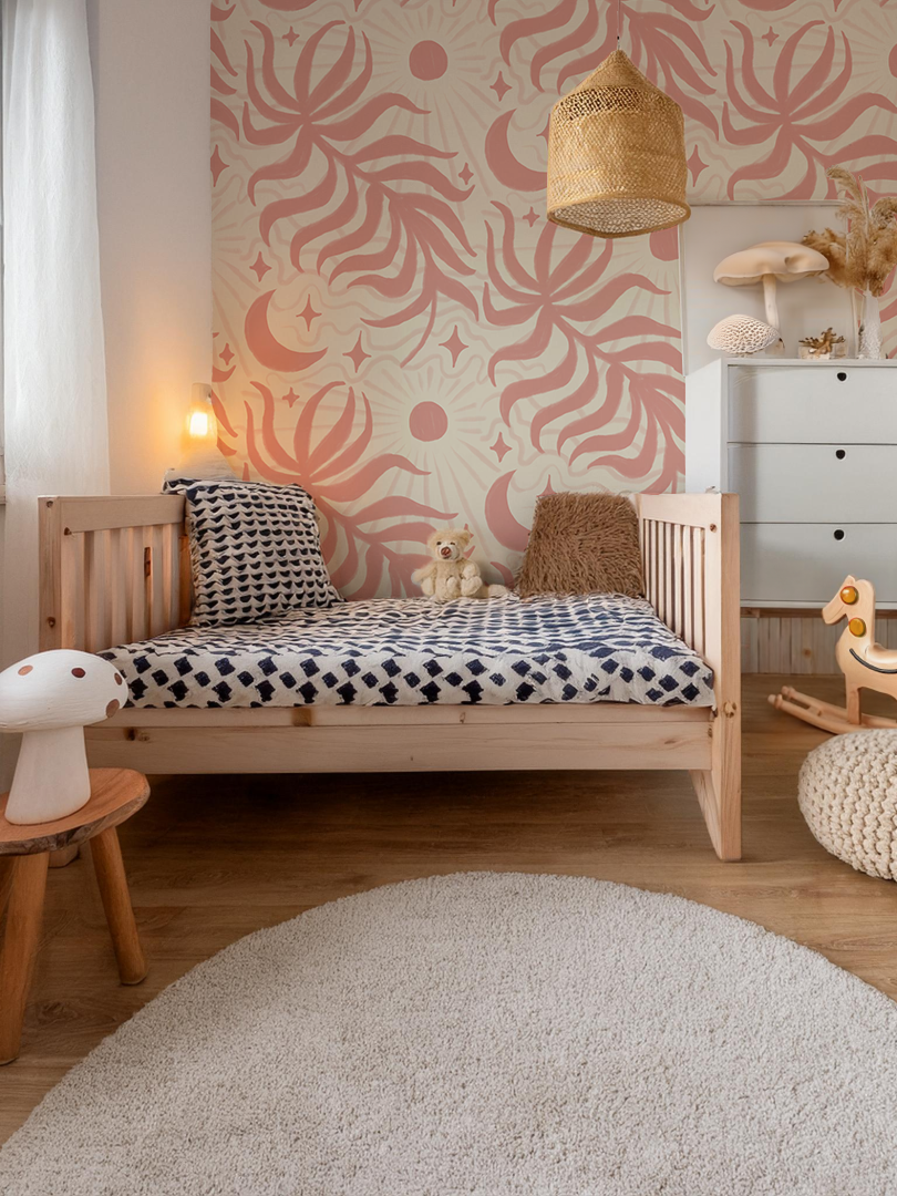 Lunar Leaf Wallpaper, beige and pink