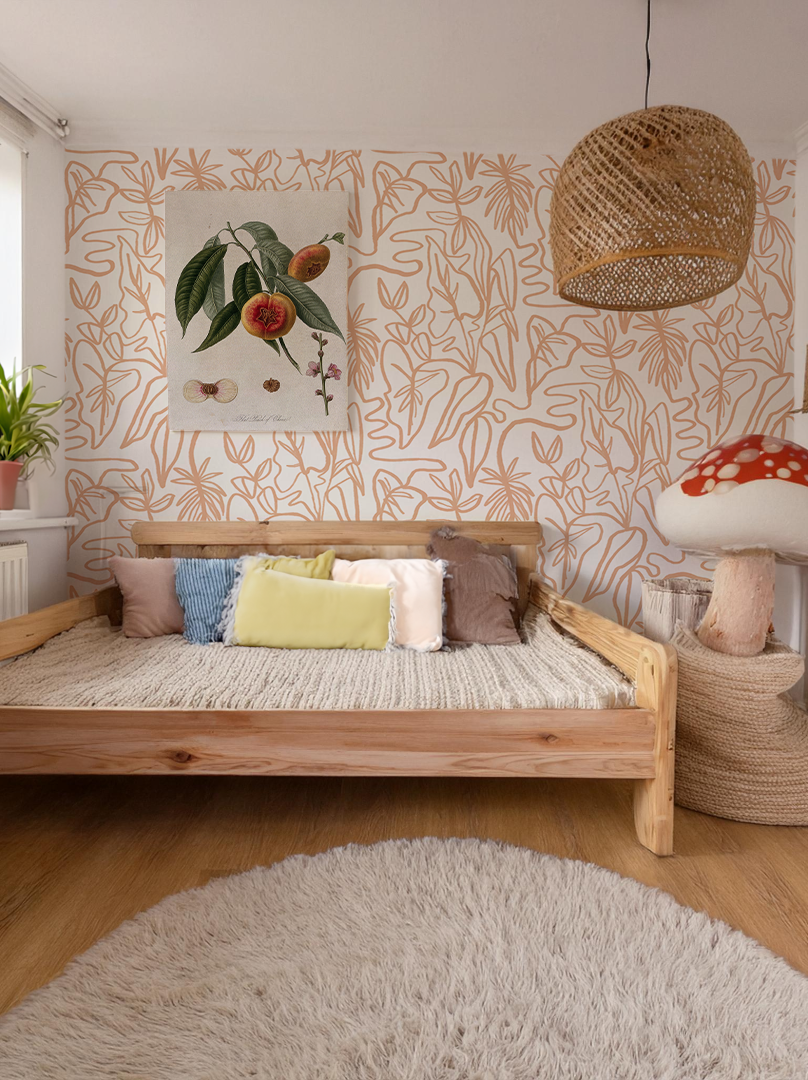 Inked Foliage Wallpaper, white and peach