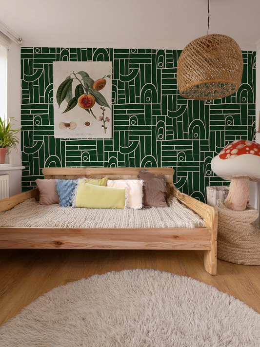 Deco Tile Wallpaper, green & white