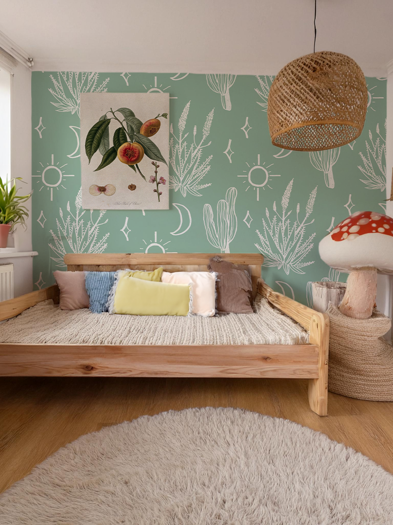 Desert Sky Wallpaper, large pattern, mint and white