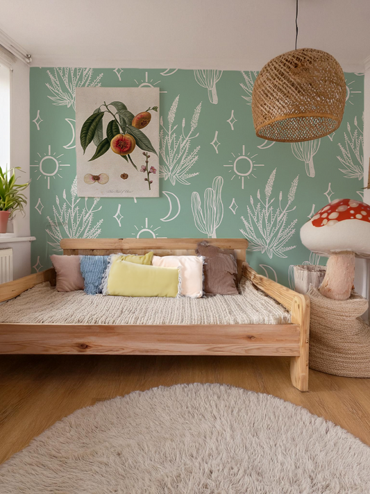 Desert Sky Wallpaper, large pattern, mint and white