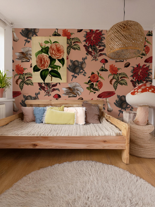 Mushrooms Wallpaper, peach and red