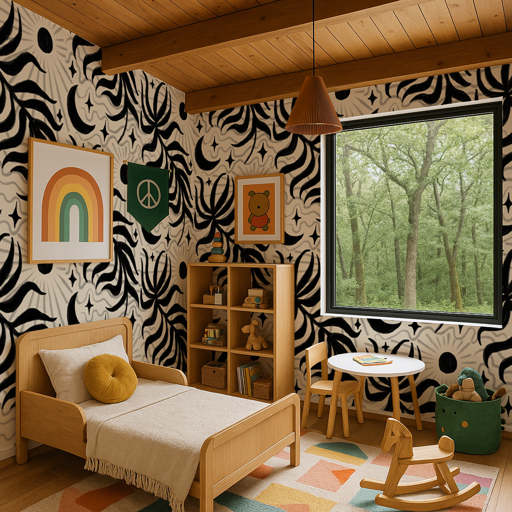 Lunar Leaf Wallpaper, beige and black