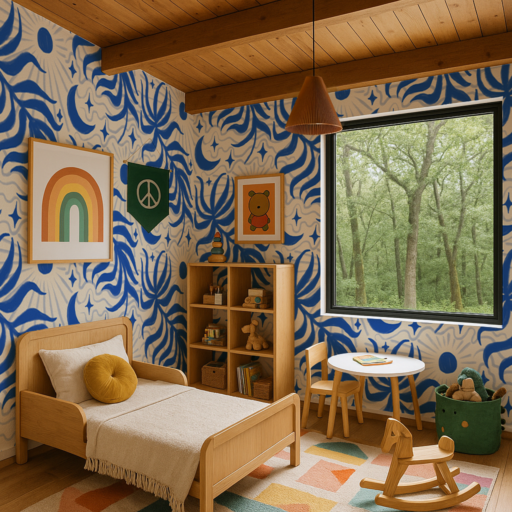 Lunar Leaf Wallpaper, beige & blue