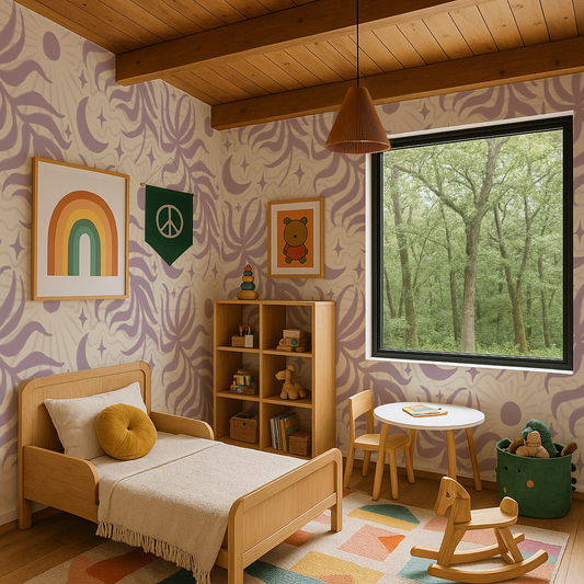 Lunar Leaf Wallpaper, beige and lavender