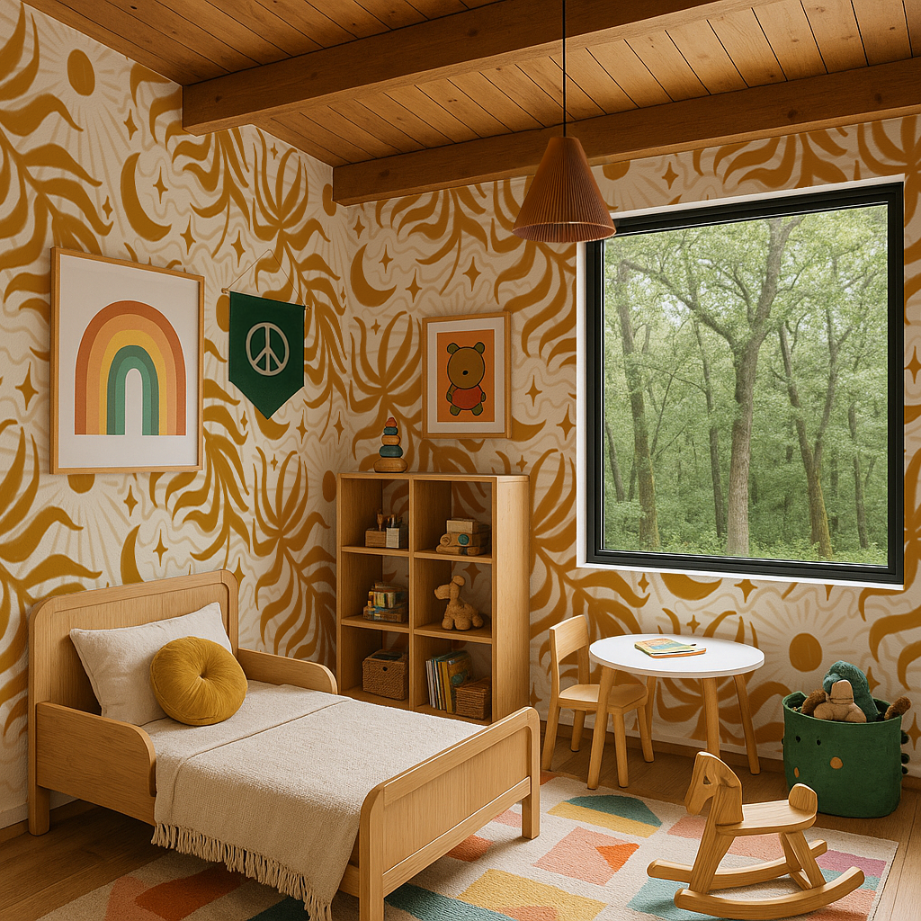 Lunar Leaf Wallpaper, beige and mustard