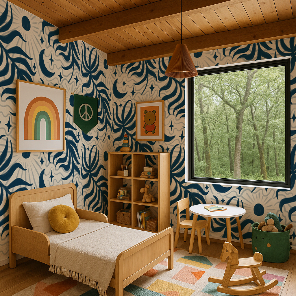 Lunar Leaf Wallpaper, beige and navy