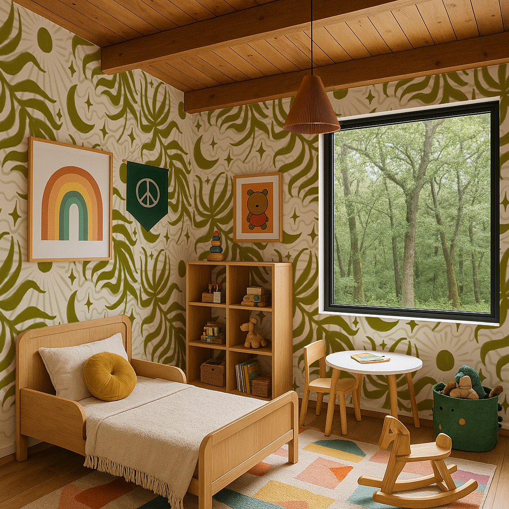 Lunar Leaf Wallpaper, beige and olive green