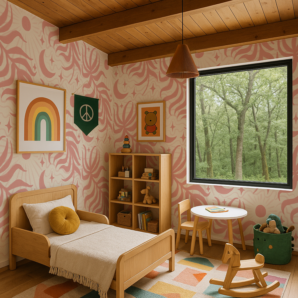 Lunar Leaf Wallpaper, beige and pink