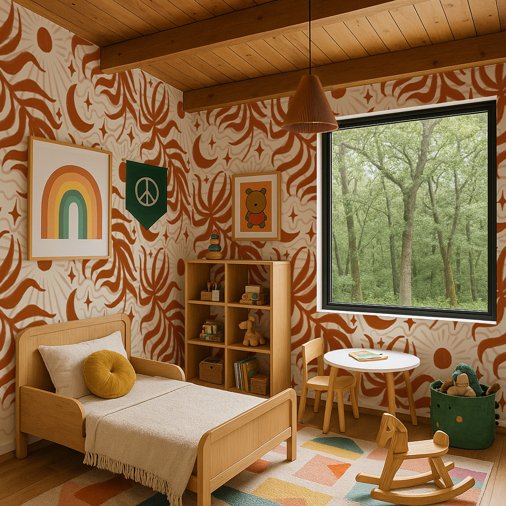 Lunar Leaf Wallpaper, beige and rust