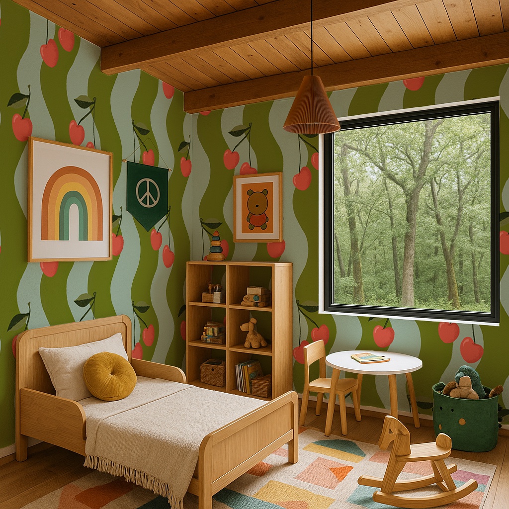 Wavy Cherry Wallpaper, teal and green