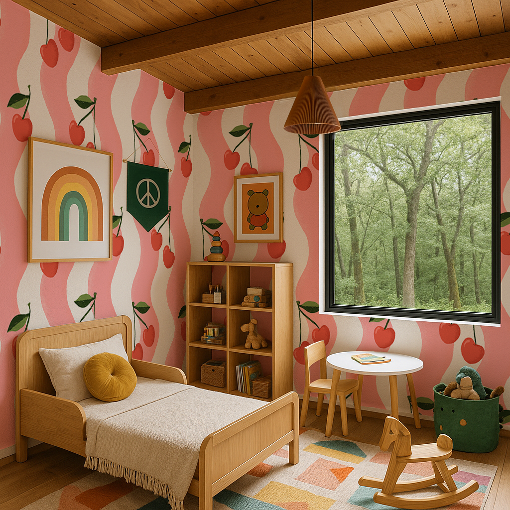 Wavy Cherry Wallpaper, white and pink