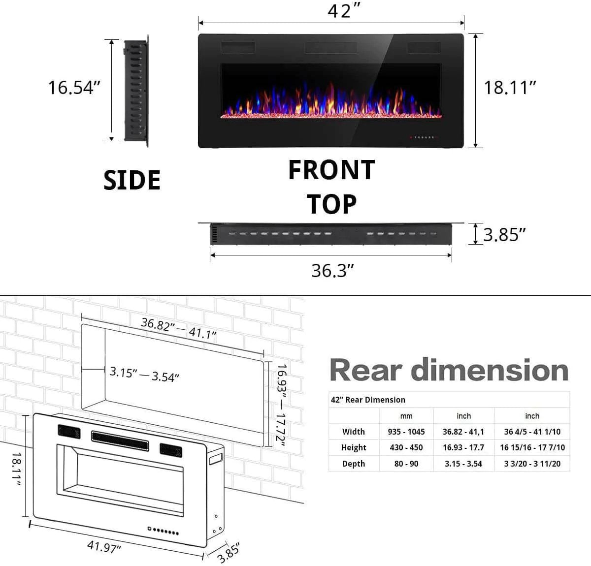 Electric Fireplace Recessed and Wall Mounted,830C3,836C3,842C3,850C3,860C3,868C3