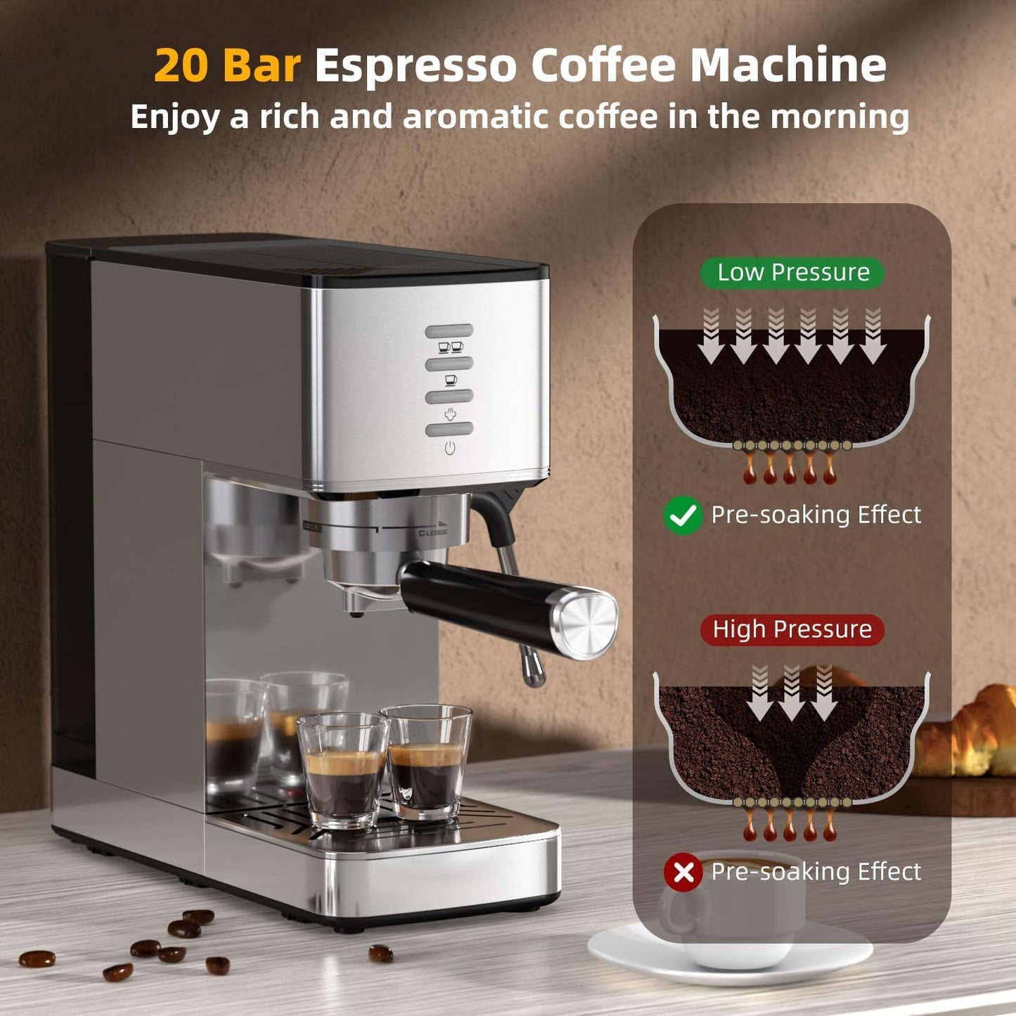 Kismile Espresso Coffee Maker Machine 20 Bar, with Milk Frother Steam Wand CM8032