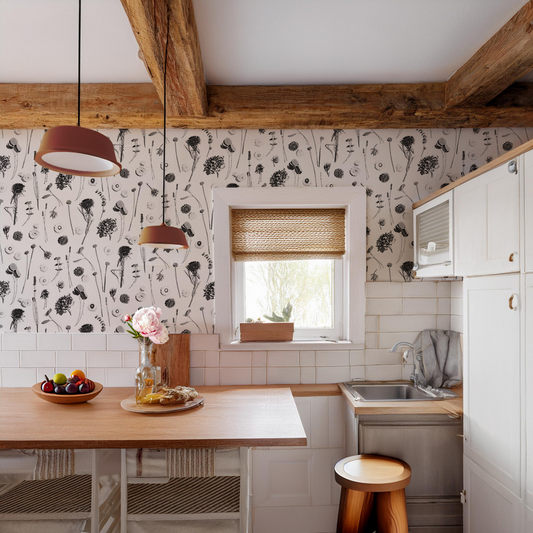 Dried Flora Wallpaper, white and black