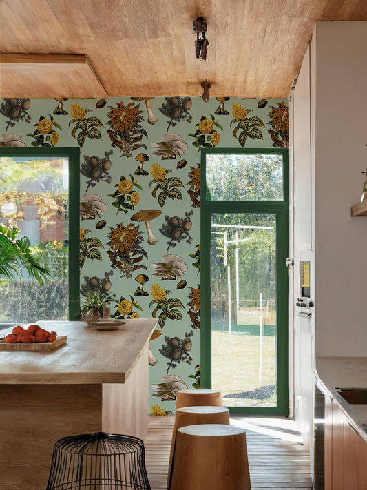 Mushrooms Wallpaper, mint and mustard